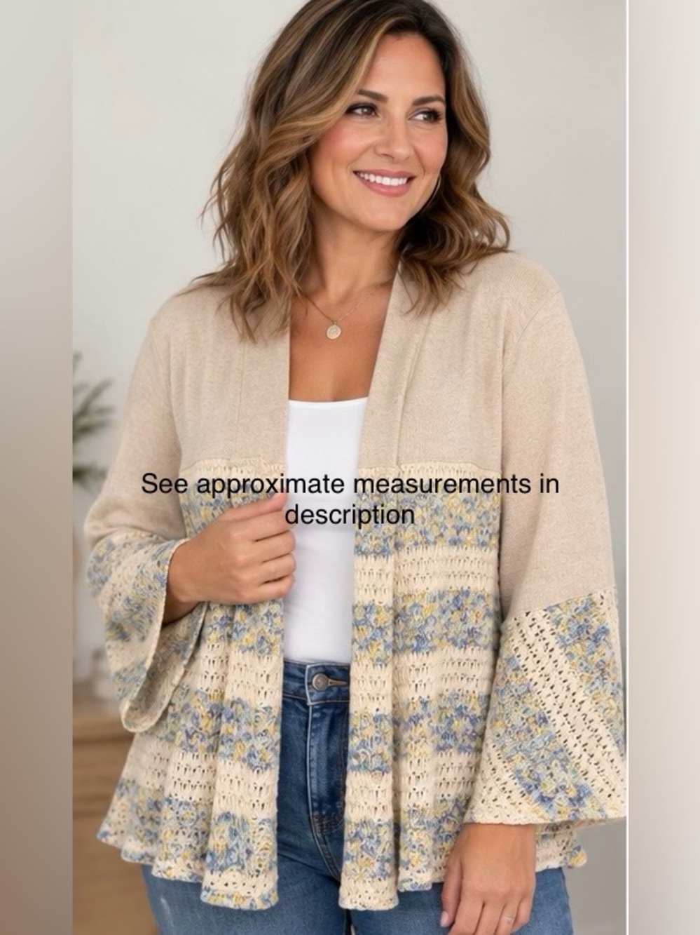 Young Threads Open Front Cardigan Sweater Women’s Large Cream Blue NWT